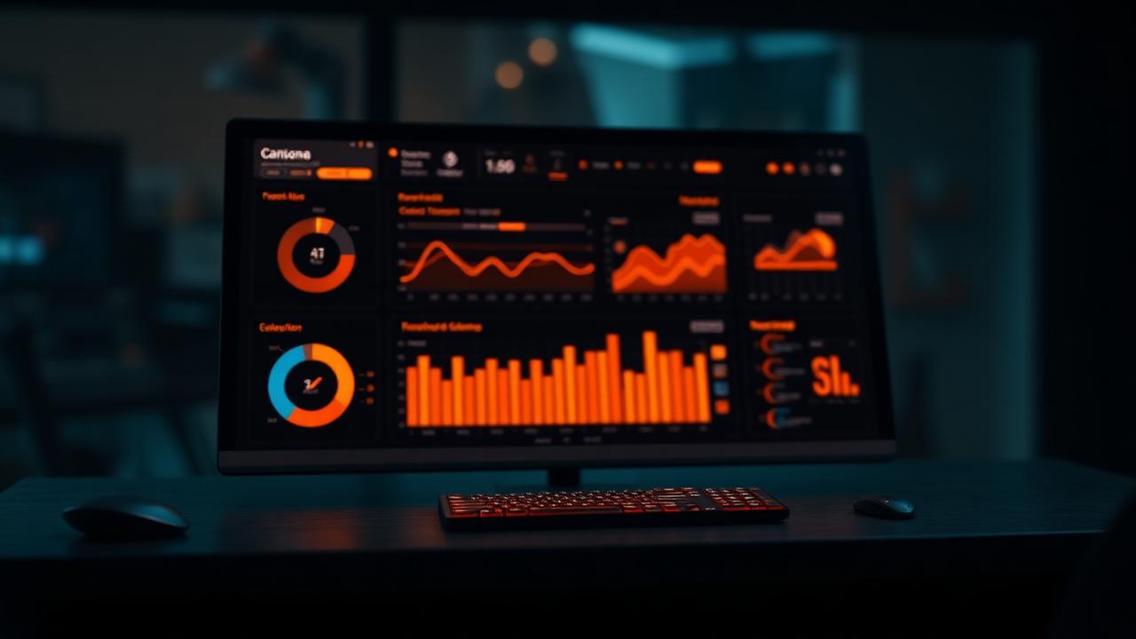 شاشة لوحة تحكم داكنة برسوم متوهجة