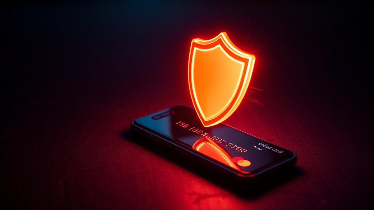 درع متوهج فوق هاتف وبطاقة دفع