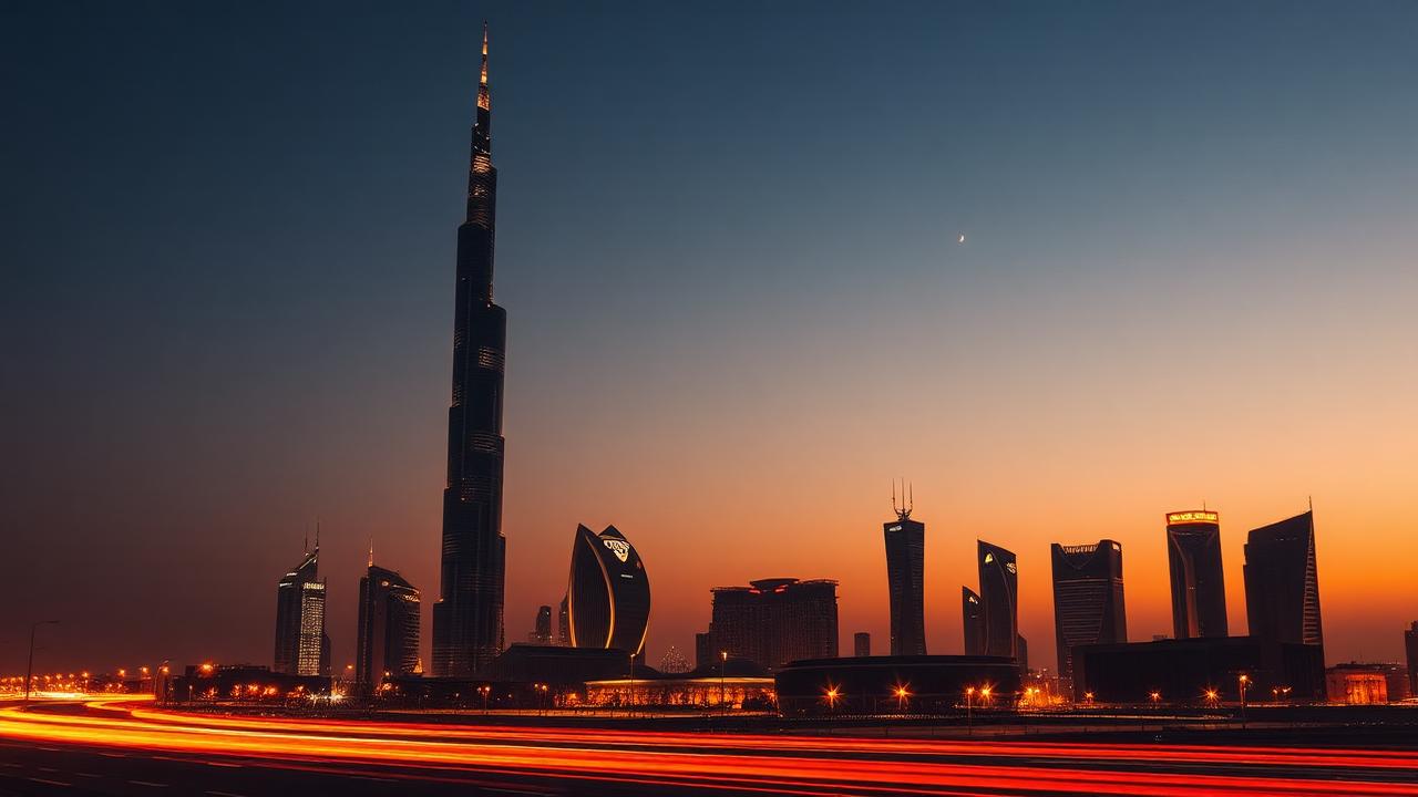 أفق الرياض عند الغروب مع خطوط ضوء